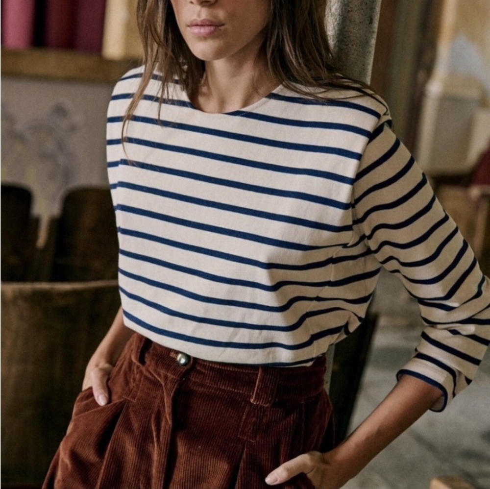 SÉZANE Priya Ecru Navy Stripe Structured Long Sleeve Organic Cotton Top S EUC